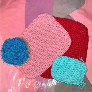 Colorful handmade crocheted Kids Accessories Set of washcloths for bath time.